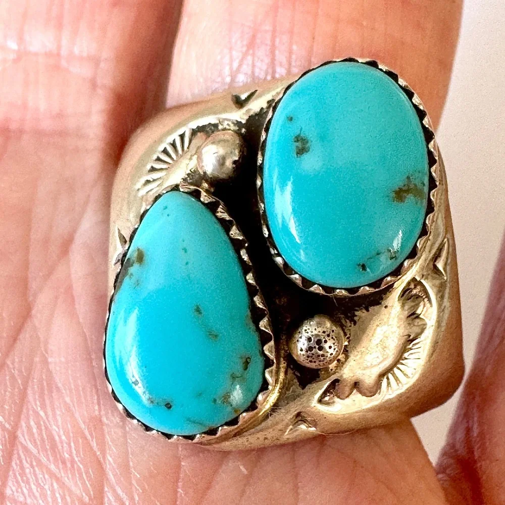 Mens Turquoise Navajo Ring Sz 15 Two Stone Band Unsigned Handmade Native Amer
